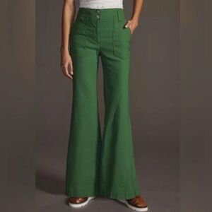 The Naomi Linen Blend Wide-Leg Flare Pants by Maeve Grass Green Women's Size 14